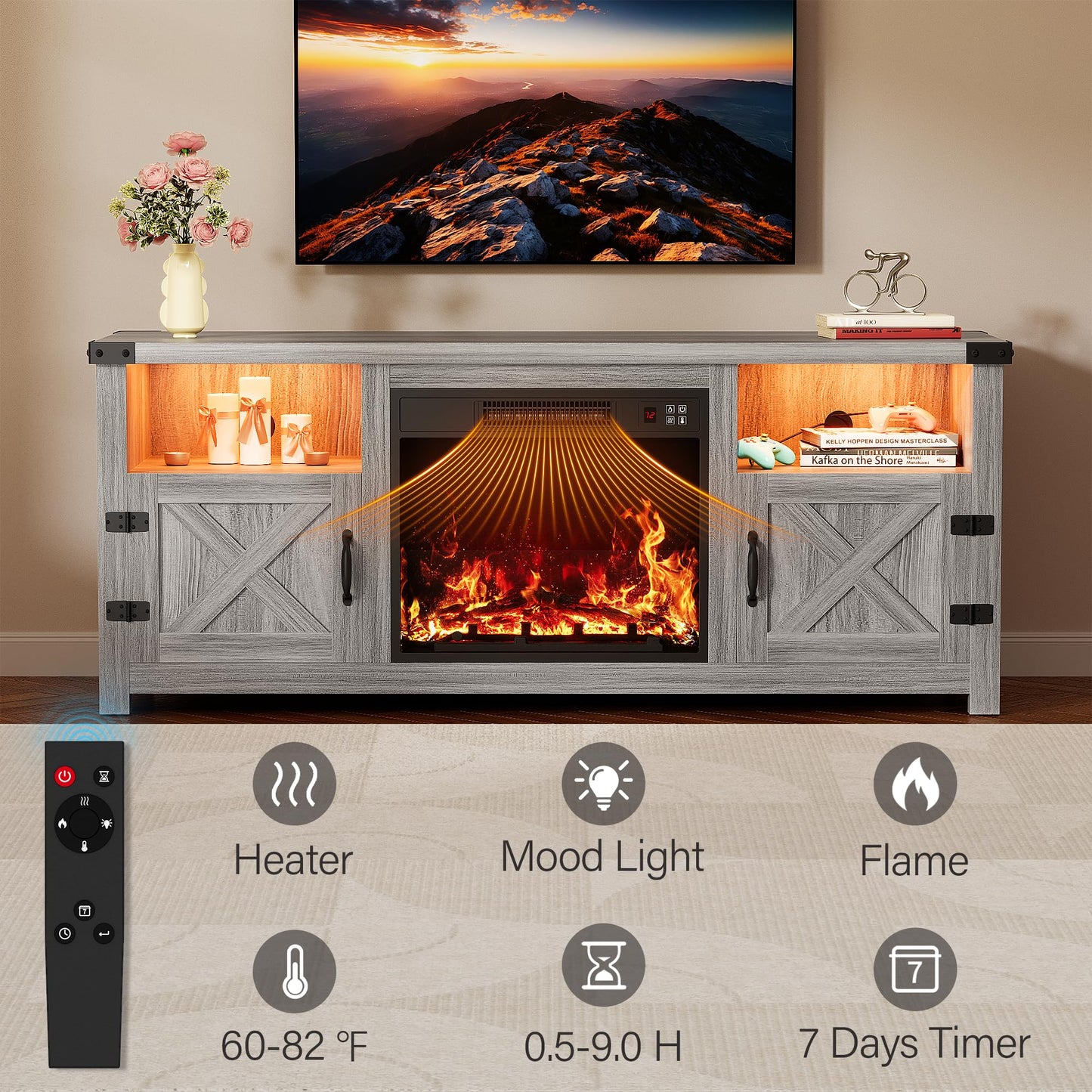 YESHOMY LED Fireplace TV Stand with Mood Lighting, TV Cabinet with Open Shelf, Farmhouse Media Console with Hidden Cable Routing, Entertainment Center for Televisions up to 65+ Inch, Gray Wash