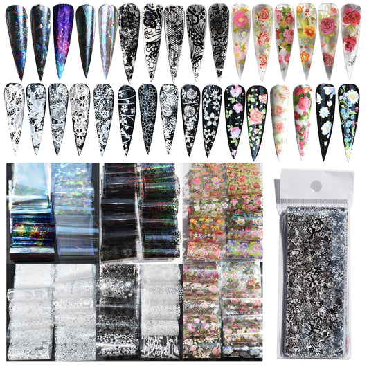 58 Sheets Nail Art Transfer Foil Stickers, 1.57x7.87In Flower Lace Holographic Nail Foil, Iridescent Floral Lace Nail Decals for Women Girls DIY Nail Art Decorations