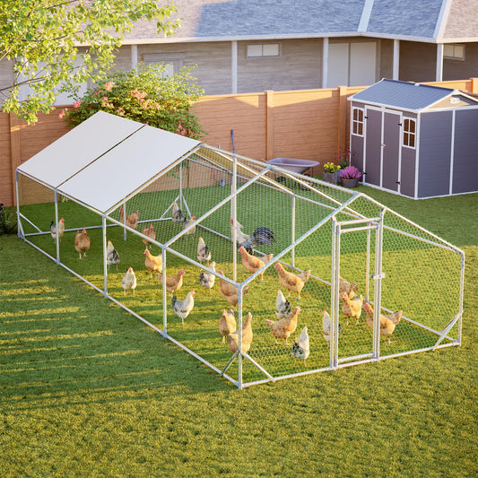 YOPTO Metal Chicken Coop with Run,10x26x6.56ft Walk-in Chicken Run W/Removable Waterproof & Anti-Ultraviolet Cover,Chicken Pen W/Security Lock,Hen House Enclosure for Ducks,Rabbits