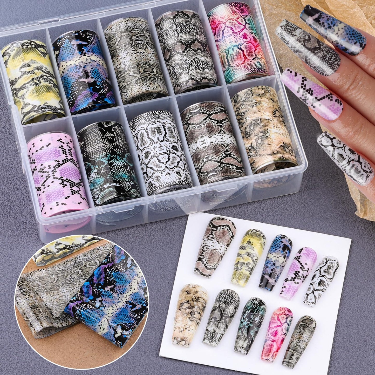 Snake Nail Foil Transfer Stickers, 10PCS Python Skin Holographic Foils, Starry Sky Laser Nail Art Decals & Adhesive Transfer Paper for Acrylic Gel Nails, Manicure Supplies and Nail Decorations