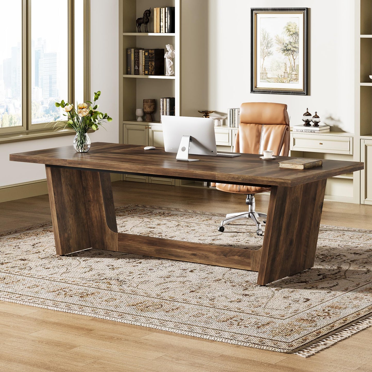 Tribesigns 70.87-Inch Executive Desk, Large Wood Desk for Home Office, Rustic Study Writing Table with Heavy-Duty Pedestal, Extra Long Business Workstation