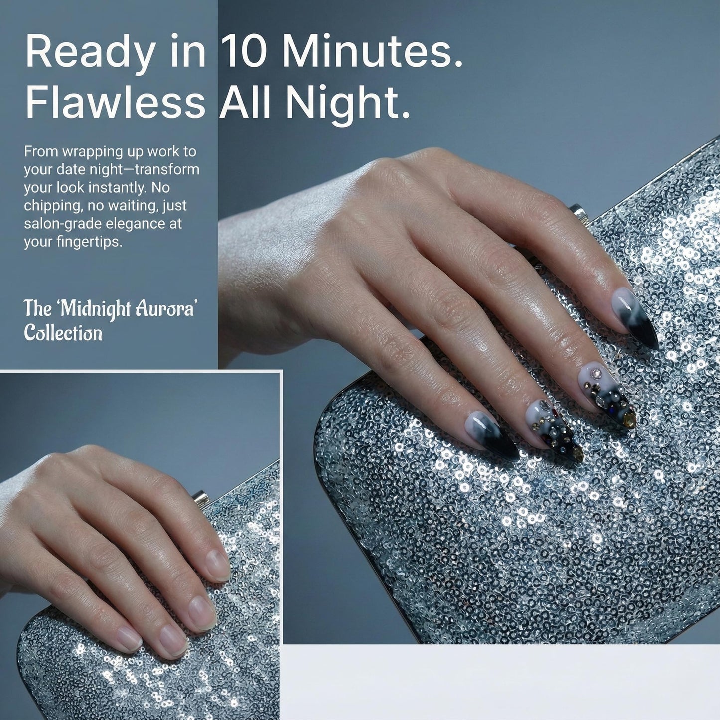 Ombre Blue Press on Nails, Medium Almond, French Tip, Acrylic Nail Kit for Women, Cute, Y2K & Luxury Style, Decorative 3D Gems, Salon Quality, 24 pcs Nailinism