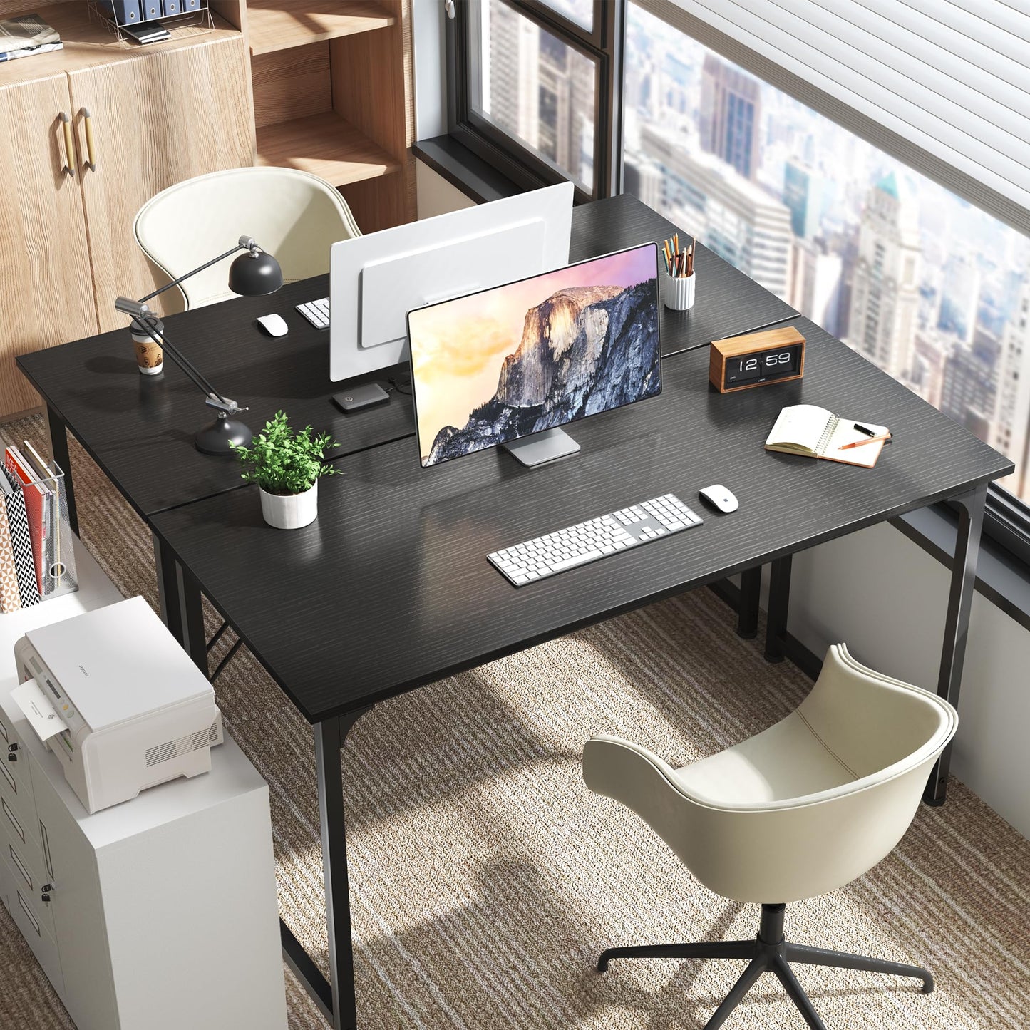 Huuger Computer Desk, 55 Inch Home Office Desk, Gaming Writing Work from Home Study Desk, Large Legroom, Sturdy Metal Frame, Modern Simple, Black