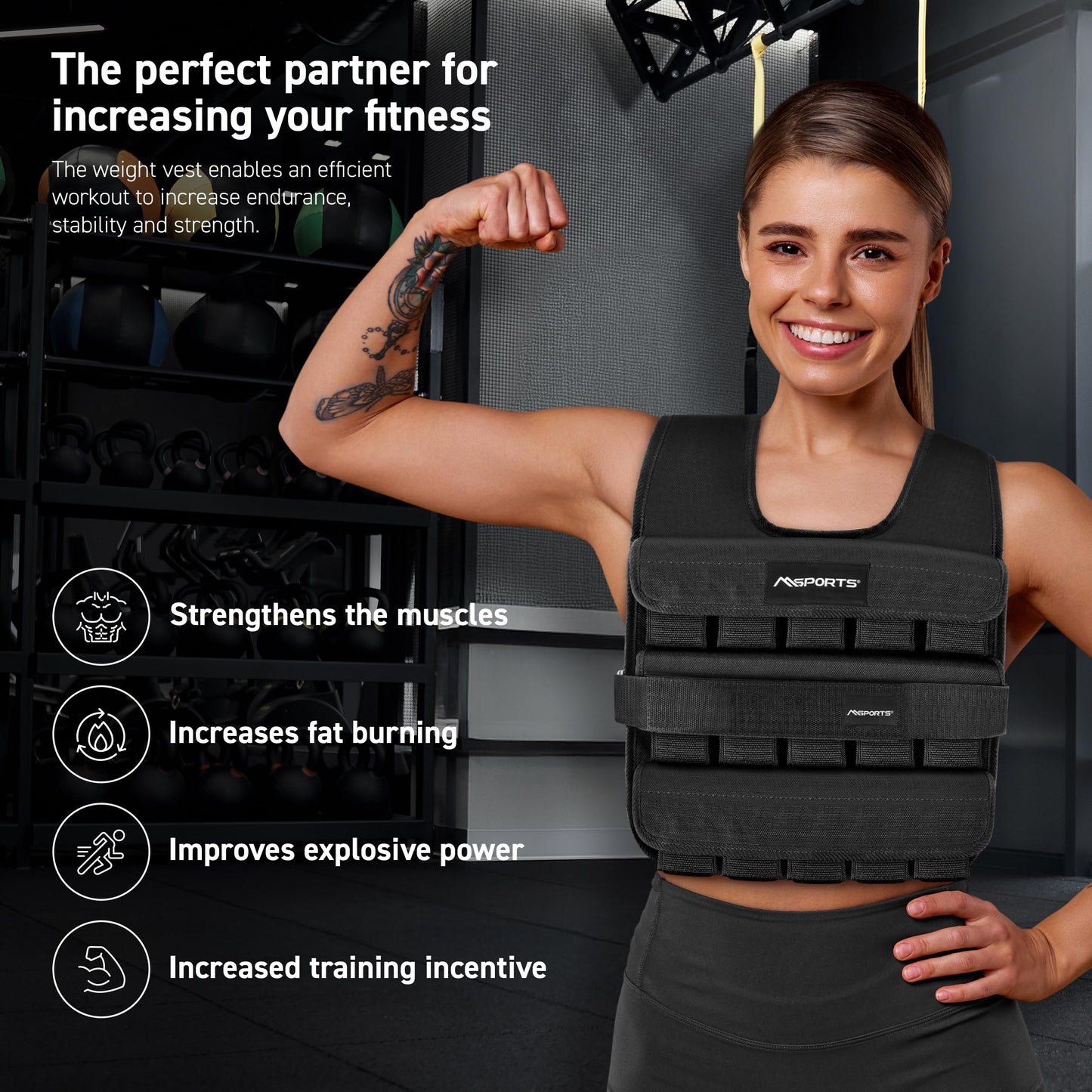MSPORTS Premium Weighted Vest for Women & Men – Adjustable 11–65 lb, Running Vest, Walking Weighted Vest, Tactical Style Training Vest for CrossFit, Strength, Cardio & Home Workouts (Black, 65 lb)