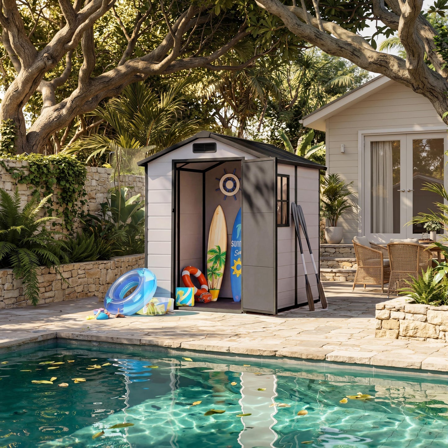 6x4 ft Outdoor Storage Shed, Plastic Resin Garden Shed with Floor, Window, 2 Vents, Lockable Door & Sloped Roof, Garden Tool Storage Shed for Patio, Backyard, Garden, Lawn Mower, Bike