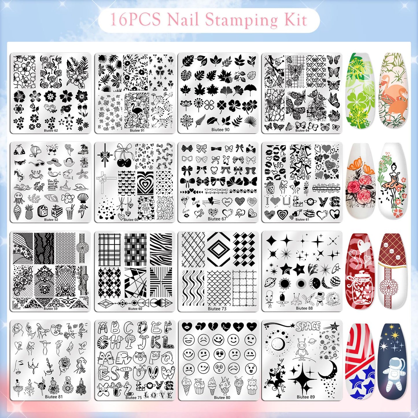 Biutee Nail Stamping Kit with 16 Nail Stamping Plates, Clear Jelly Nail Stamper, 2 Scrapers & Storage Bag, Nail Art Stamping Plate Set with Floral Geometric Beach Designs for DIY Manicure