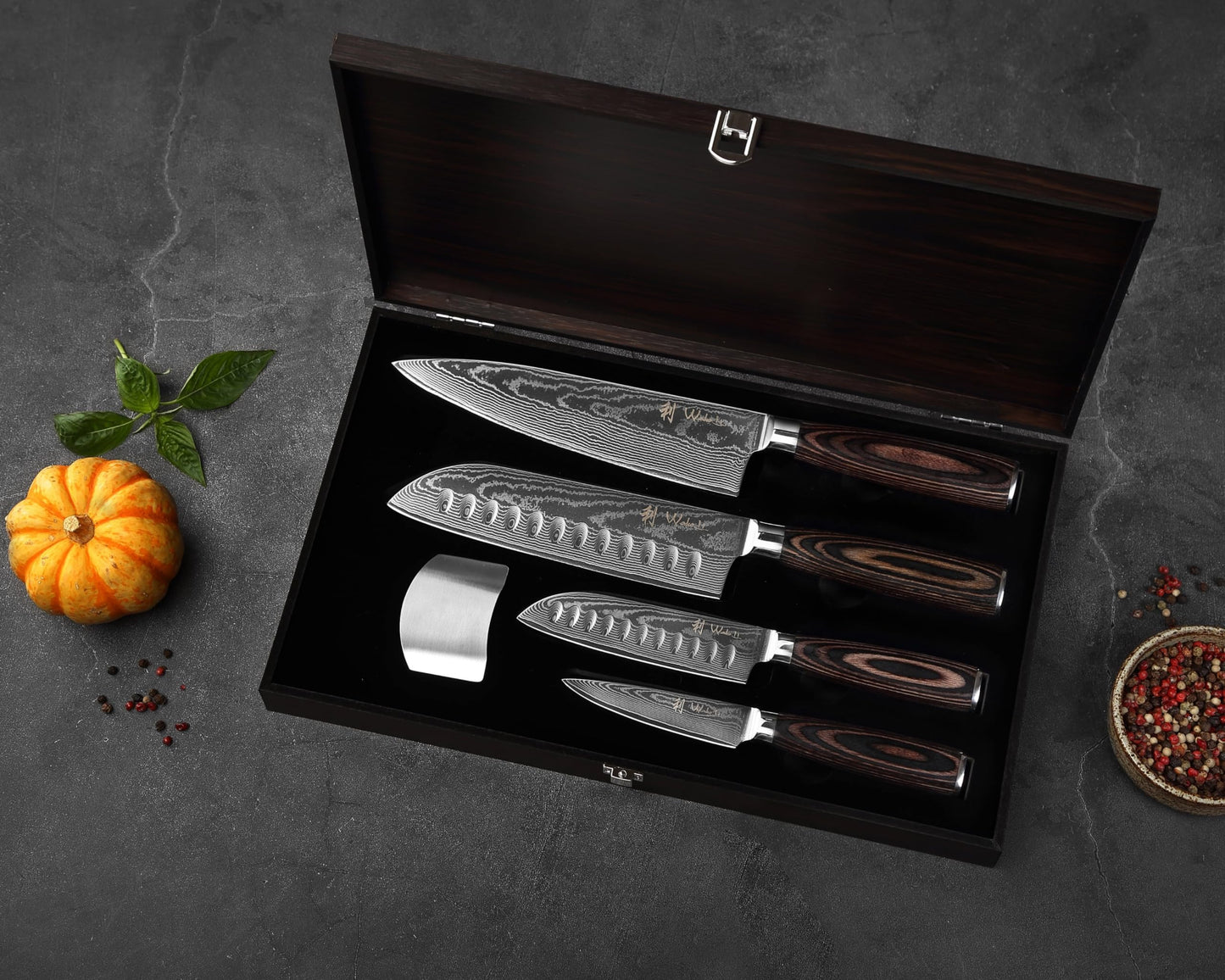 Wakoli EDIB Essentials 4-Piece Damascus Knife Set – Professional Kitchen Knives with VG10 Core, 67-Layer Damascus Steel Blades – Santoku, Chef, Small Santoku & Paring Knife with Pakkawood Handles