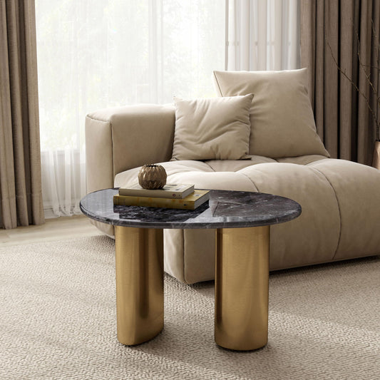 Furniture of America Gavora Modern 32-inch Grey and White Sintered Stone Top End Table with Gold Dual Pedestal Legs for Small Space, Living Room, Home Office, Multi-Color