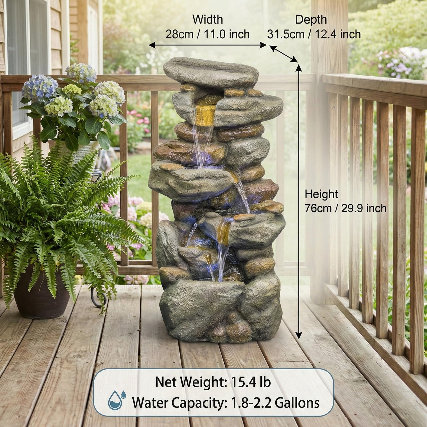 Outdoor Water Fountain Large - Stone Fountains with LED Light for Patio Yard Garden Backyard Decking Outdoor or Entryway Decor 30''