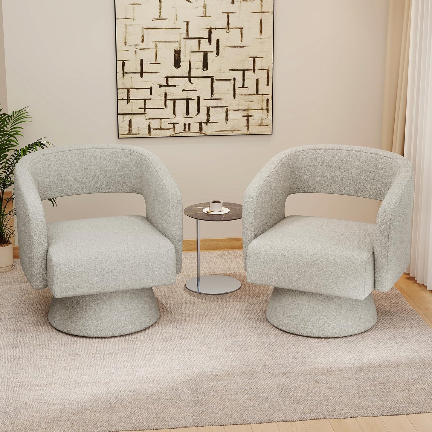 Nebuaegis Swivel Accent Chair Set of 2, Modern Comfy Teddy Barrel Chairs, Oversized Upholstered Round Arm Chair for Living Room, Bedroom, Reading Room, White