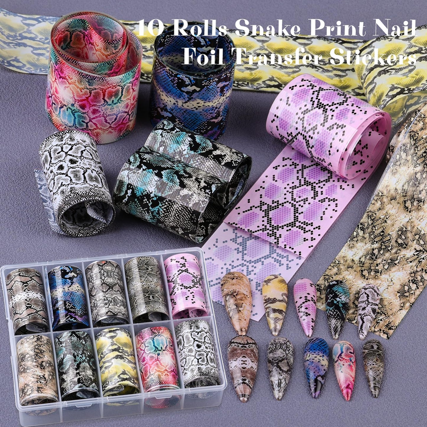 Snake Nail Foil Transfer Stickers, 10PCS Python Skin Holographic Foils, Starry Sky Laser Nail Art Decals & Adhesive Transfer Paper for Acrylic Gel Nails, Manicure Supplies and Nail Decorations
