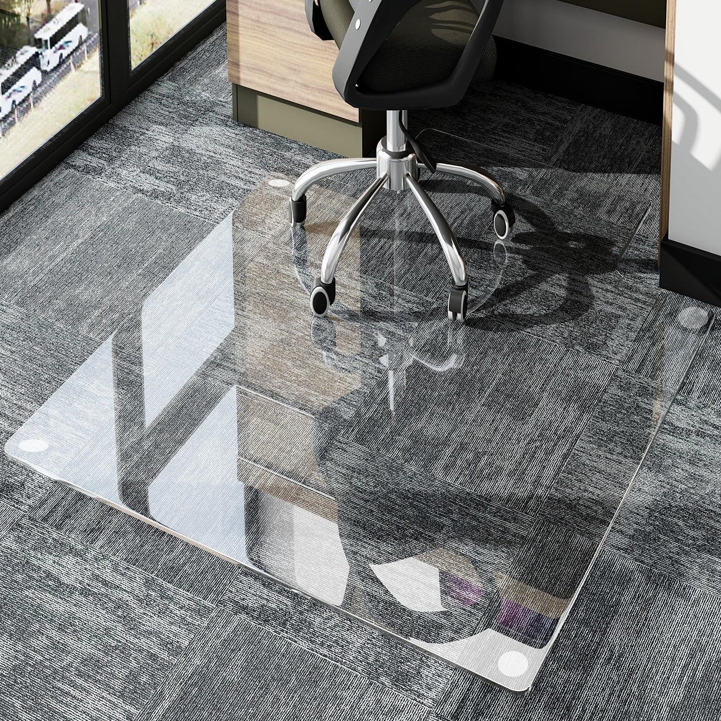 GLSLAND Irregular Tempered Glass Floor Mat - 45" x 53" Office Chair Mat for Carpet Clear Duty Hard Rolling Glass Mat 1/5" Thick for Hardwood Floor/Carpeted Floors, Clear