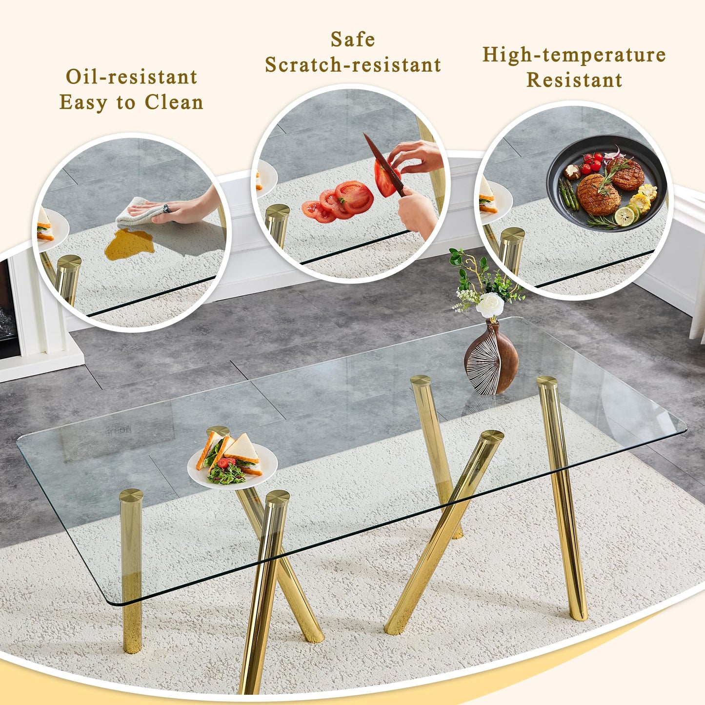 Vohward 71" Tempered Glass Dining Table Set for 6, 7 Piece Glass Dining Room Table Set with 6 Black Upholstered Chairs, Gold Metal Legs Modern Rectangular Kitchen Table and Chairs Set for Home