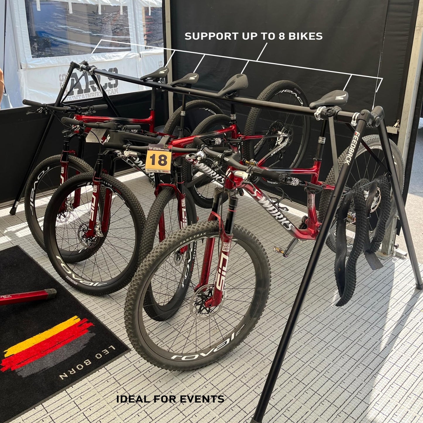 Feedback Sports | A-Frame Portable Bike Storage Rack with Travel Bag | Lightweight Collapsible Aluminum | Bicycle Hanger up to 8 Bikes | for Events | Black