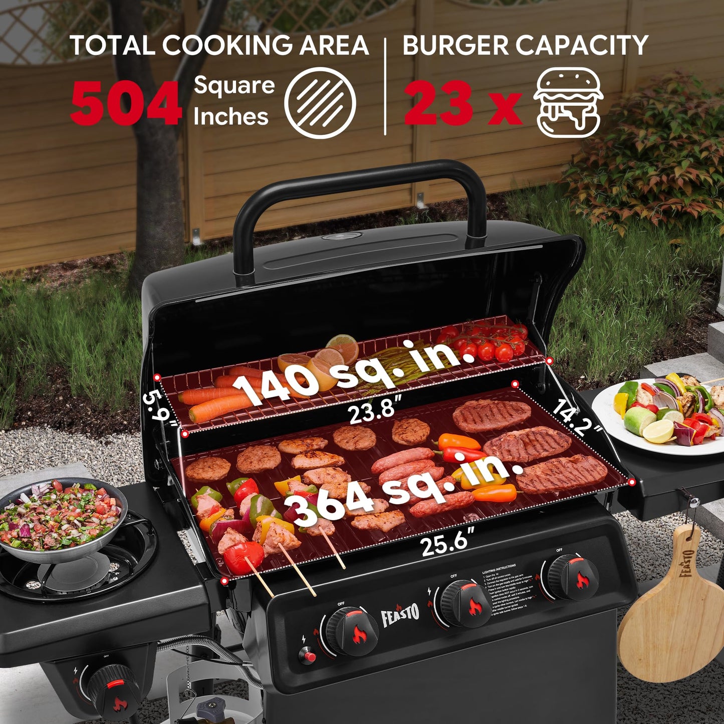 Feasto 3 Burner Propane Gas Grill with Side Burner, Porcelain-Enamel Main Body and Lid, Propane BBQ Grill with 38,000 BTUs Output & Side Table for Patio, Backyard, Poolside Gatherings