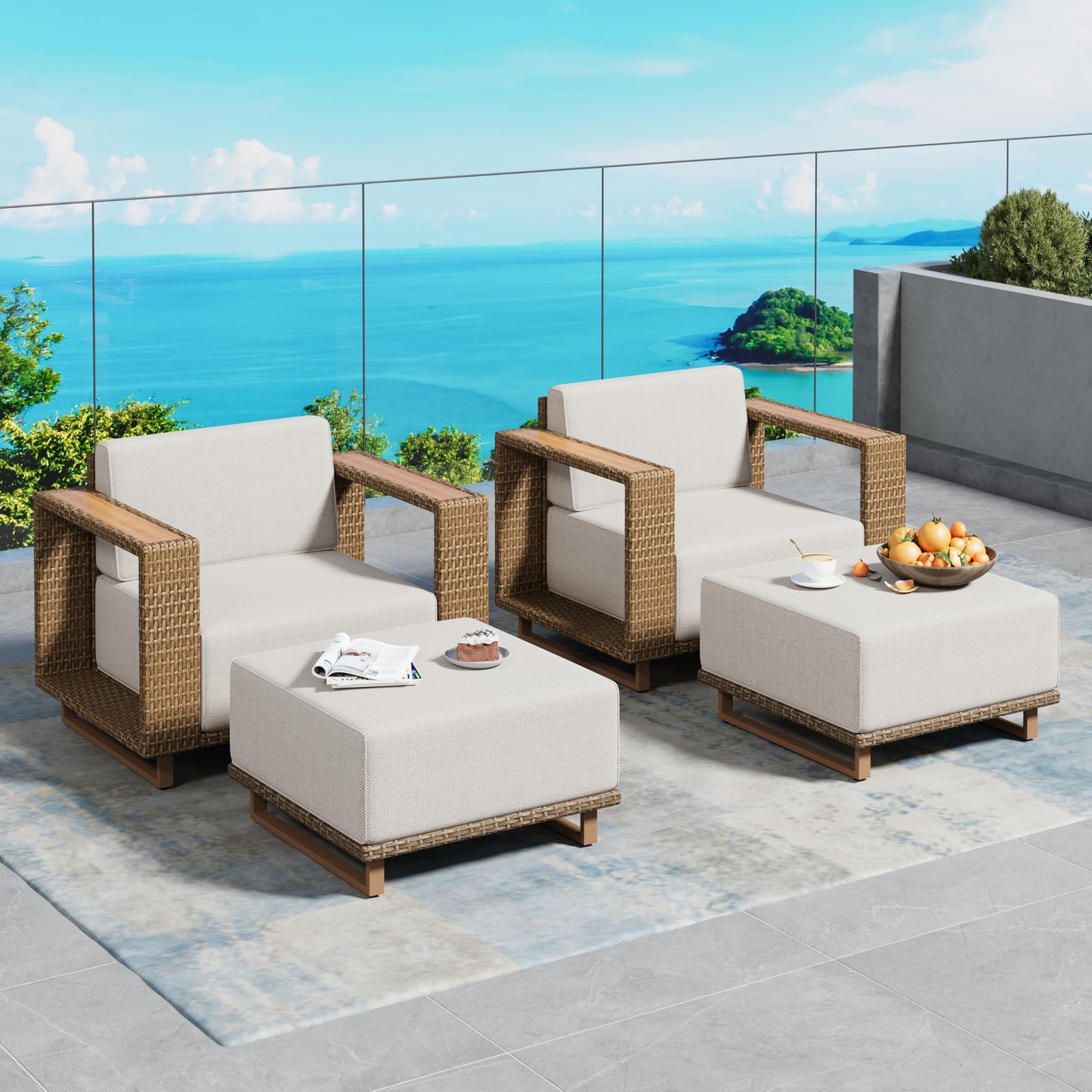 SUNSHINE VALLEY 2 Pieces Patio Furniture Set,Outdoor Rattan Wicker Armchirs and Ottomans with 10''Ultra-Thick Cushions,All Weather Patio Conversation Set for Lawn Garden Backyard,Beige