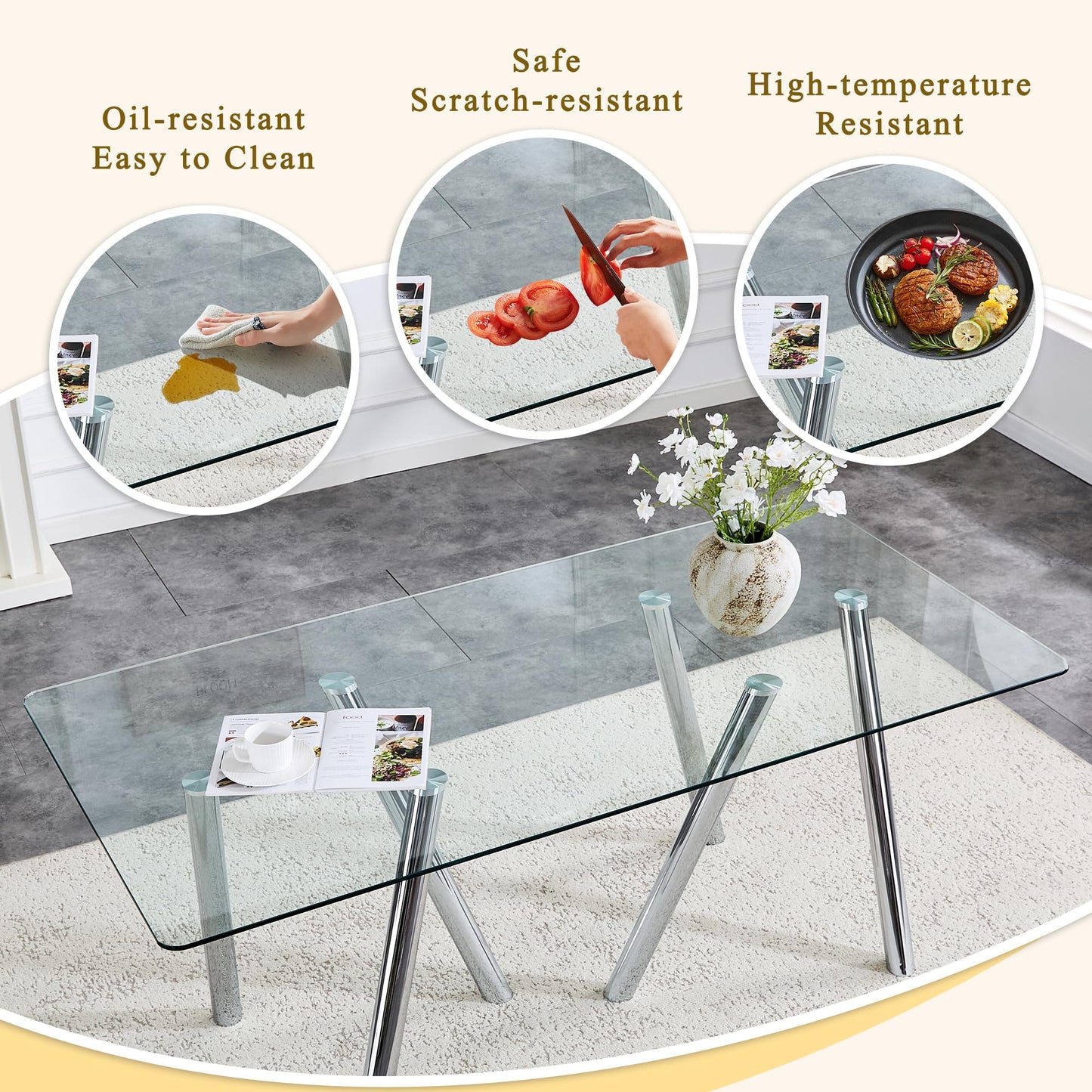 Vohward 71" Glass Dining Table Set for 6, 7 Piece Modern Tempered Glass Dining Room Table with 6 White Upholstered Chairs, Rectangular Kitchen Table Set with Chrome Metal Legs, 400 lb Capacity