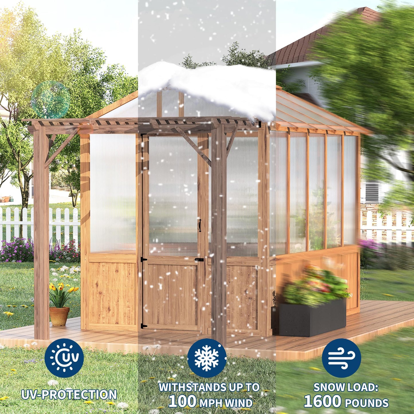 8x13FT Wooden Greenhouse with Pergola – Cedar Frame, Roof Vent & Polycarbonate Walk-in Greenhouse for Outdoor