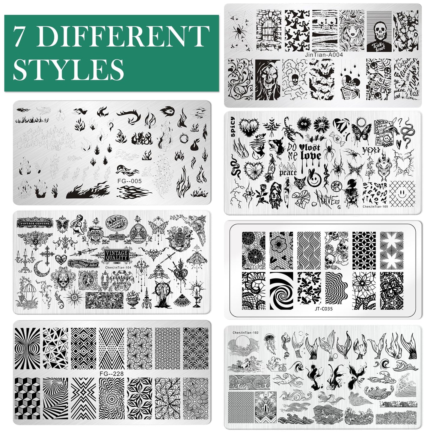 AddFavor Nail Stamping Plate Kit with Nail Stamp and Scraper, 6pcs Fire Skull Nail Stamper Kit for Home Salon Manicure Polish Print Stencils Design Tools