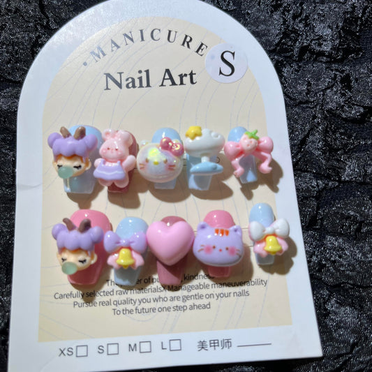 Short Press on Nails Handmade Nails 10Pcs Blue Cartoon Cat Cute Manual Press on Nails for Women Party Holiday Photo 25mm Long Size L
