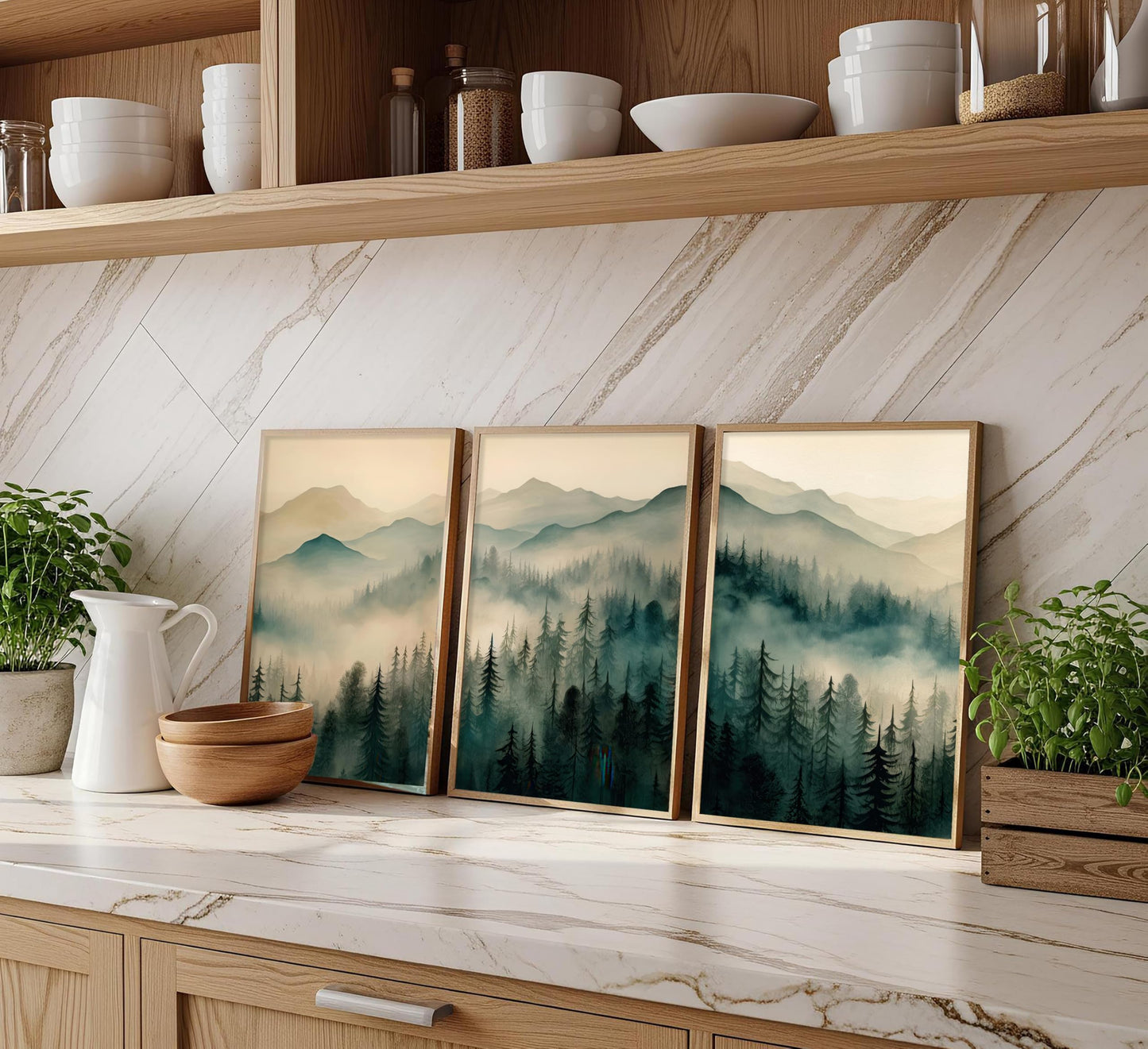 Framed Misty Mountain Forest Wall Art Set, Mordern Calming Pine Forest Oil Painting Canvas Prints, Smoky Mountain Landscape Wall Decor, Green Natural Scenery Poster for Living Room Bedroom Office