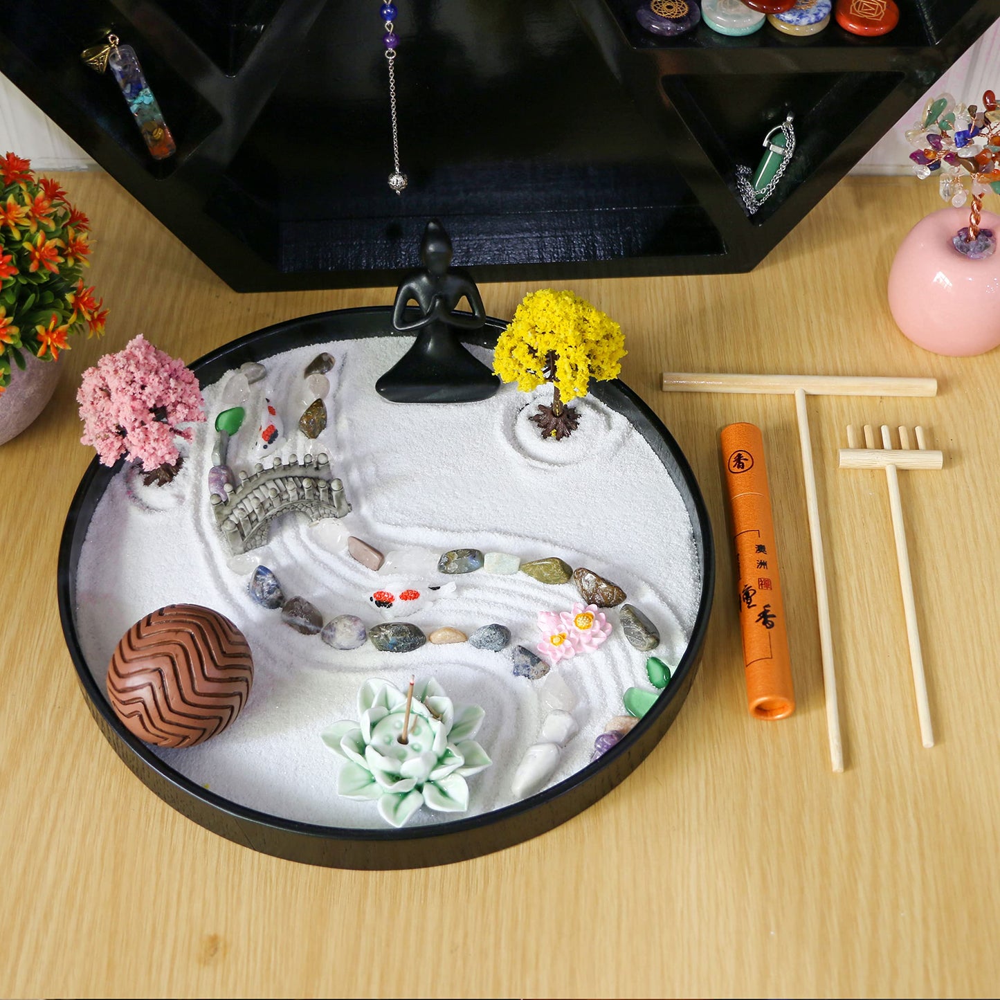 Meditation Yoga Zen Garden kit - Home Office DIY Japanese Mini Rock Sand Garden Desktop Chakra Shine Altar Zen Decor Zen Gifts for Adult w/Rake Tools Accessories Healing Crystal Sphere