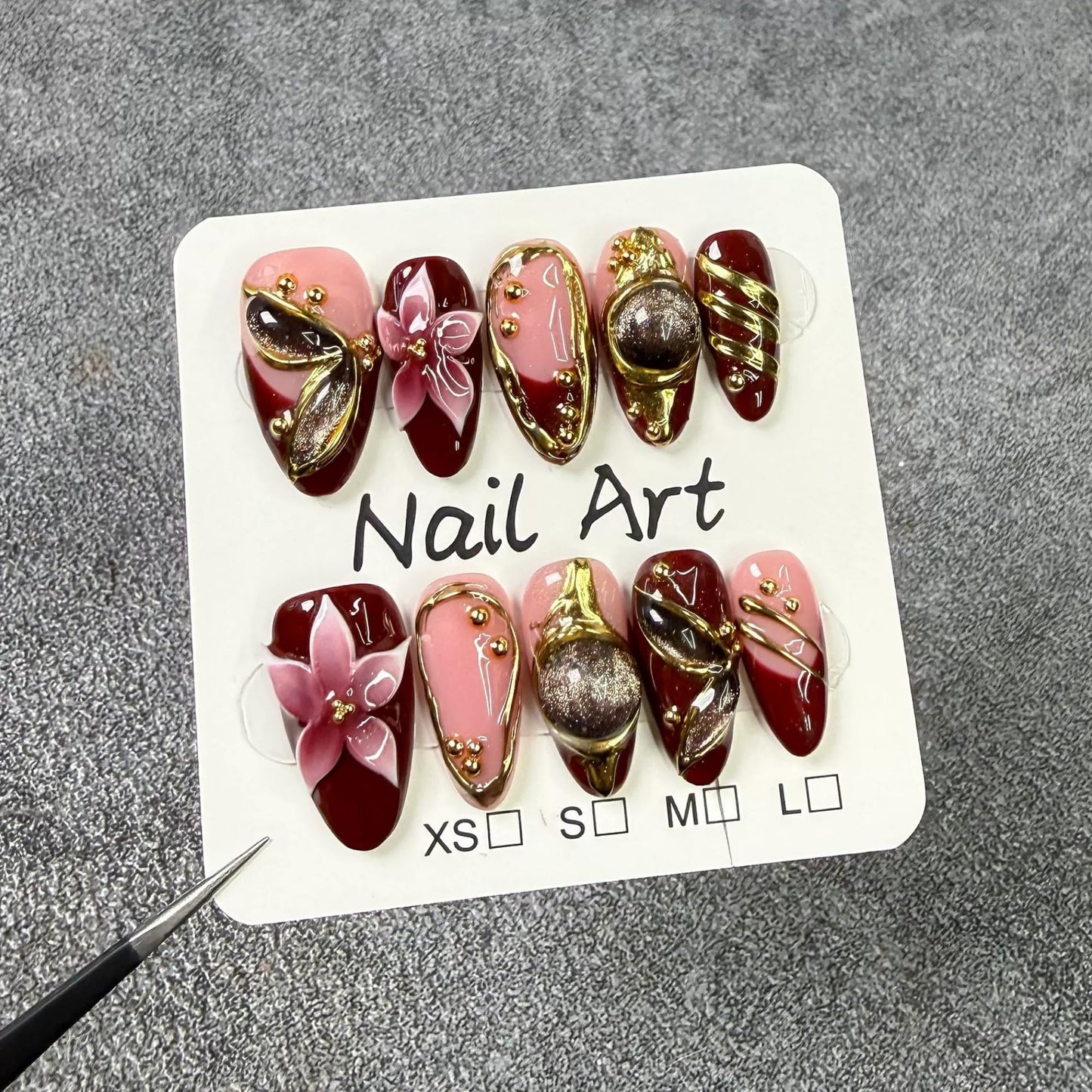 Qicaijia 10Pcs (Size M) Short Almond Handmade Press On Nails - Luxury Red French Tip 3D Cat’s Eye Acrylic Fake Nails with Ombre Flower & Sparkly Designs for Women