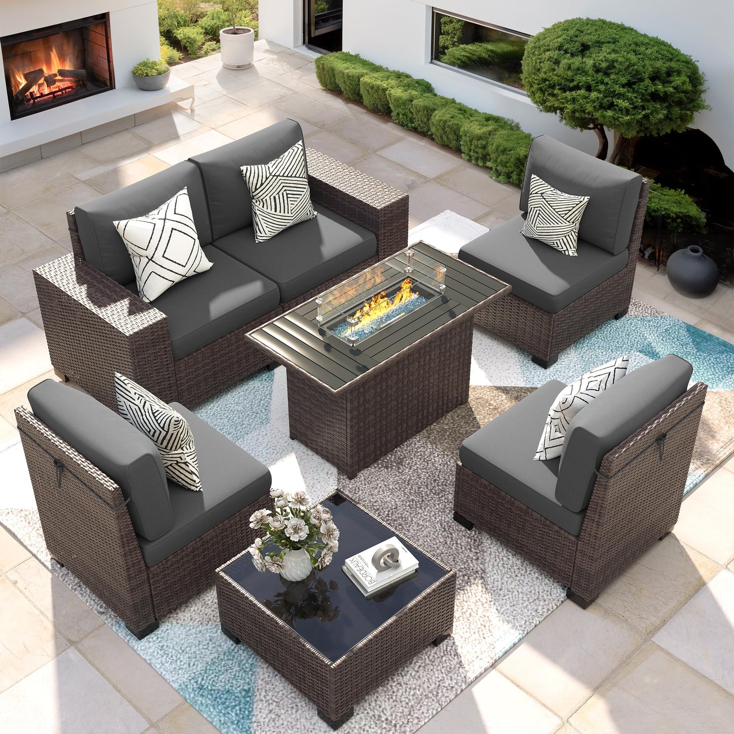 VONZOY Patio Furniture Set with Fire Pit Table, 7 Piece Outdoor Sectional Conversation Sets Wicker Rattan Sectional Sofa with Coffee Table for Patio Garden Backyard, 4'' Thickened Cushion Dark Grey