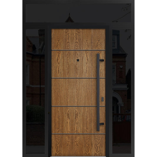VDOMDOORS Front Exterior Prehung Steel Door/Deux 6683 Natural Oak / 2 Side and Top Exterior Window Sidelite/Entry Metal Modern Painted W12+36+12" x H80+16" Left Hand Inswing