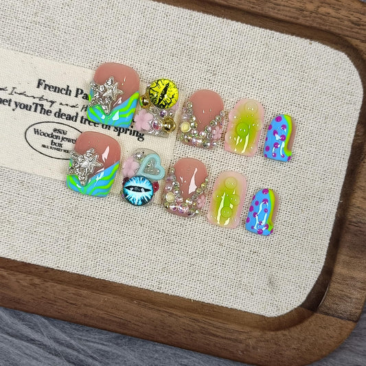 TENPAL V-Shape French Tips Square Nails,Acrylic Press on Nails with 10pcs Kit,Sweet Edgy Y2K Hand-Painted Art False Nails,Neon Yellow-Green Fake Nails with 3D Stars, Hearts, Rhinestones Flowers(L)
