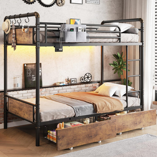 Jocoevol Metal LED Bunk Bed Twin Over Twin with 2 Storage Drawers, USB Charging Station, Industrial Bunkbeds Heavy Duty Bed with Safety Guardrail and Ladder, No Box Spring Needed, Vintage Brown