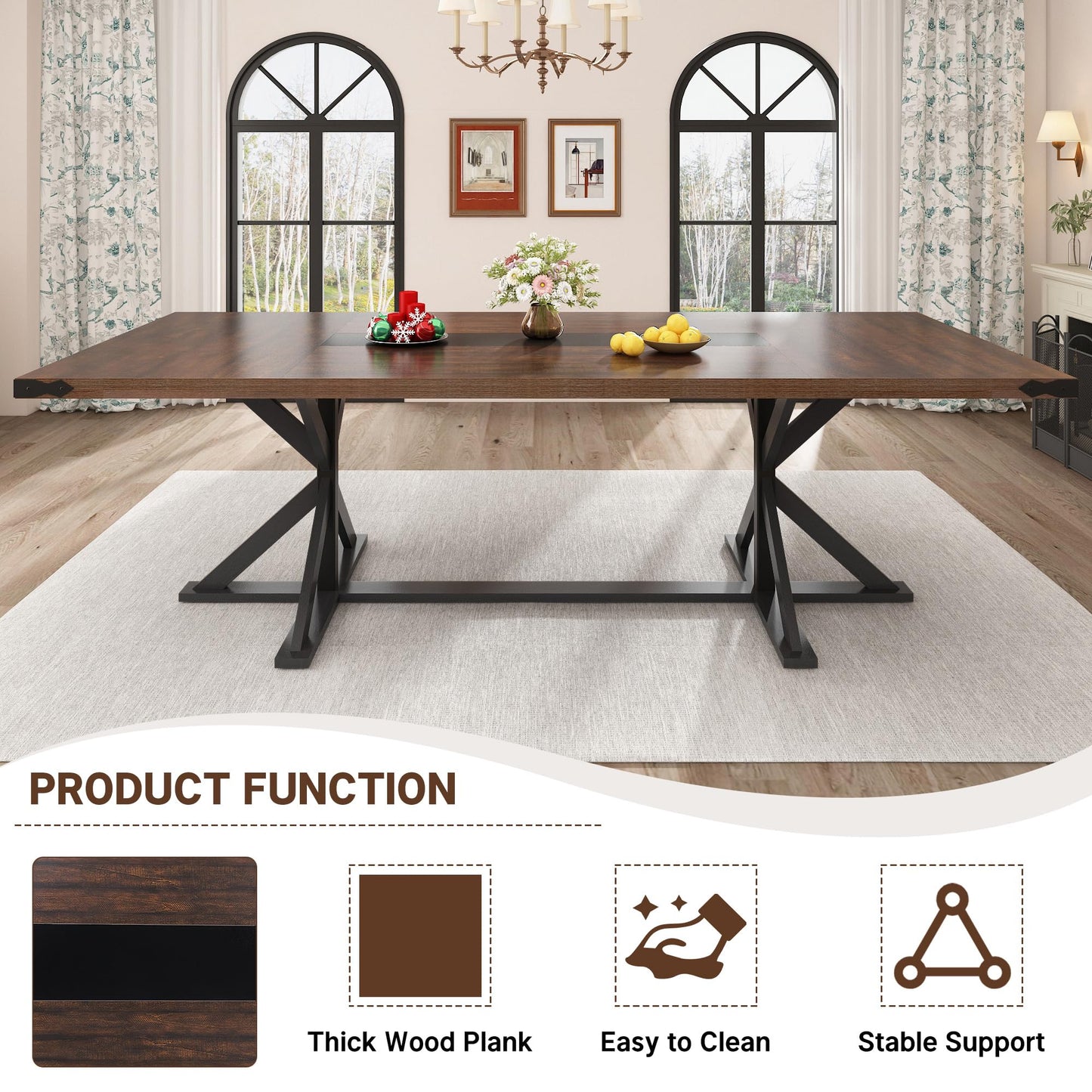 Hlivelood Dining Table for 8 10 People,Rectangular Kitchen Farmhouse Table W/Waterproof Wood Tabletop,Long Dining Room Tables W/Wood Strip Base for Kitchen Living Room(94IN BR&BK)