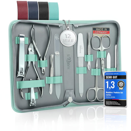 marQus Nail Kit for Men and Women - Manicure Set 12 pcs - German Made Nail Kit - Grooming Set - Genuine Leather Case with exclusive Glass Nail File - Manicure Set made in Germany
