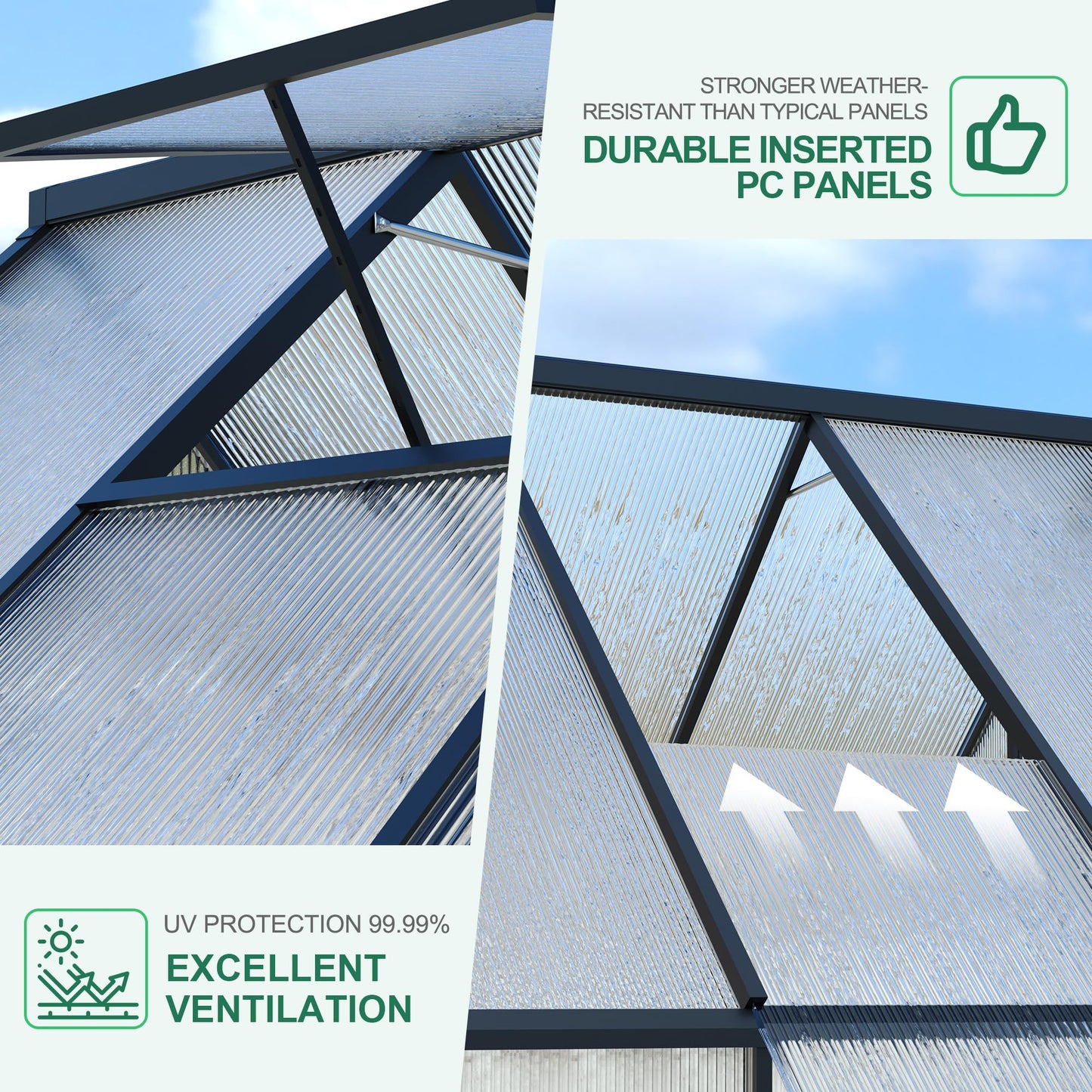 Aluminum Polycarbonate Greenhouse for Outdoors, Large Walk-InGreenhouse With Quick Setup Structure and Roof Vent, Greenhouse With Ventilation