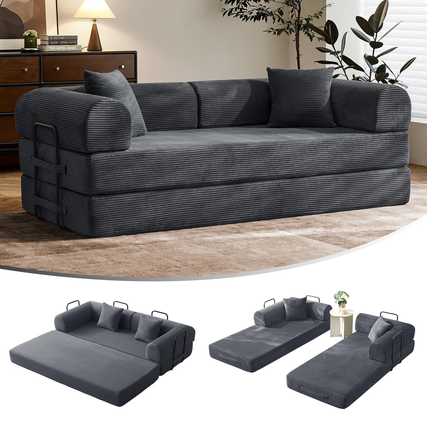 SAVENICA 79" Floor Sofa Bed, 5-in-1 Convertible Sleeper Sofa with Removable Armrests, Corduroy Fabric Sofa Couch, No Assembly Required for Living Room, Dorm, Studio (Dark Gray)