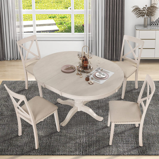 GDFStudio Modern Round Dining Table Set for 4, 5-Piece Kitchen Table with Extendable Oval Top and 4 Solid Wood Chairs, Small Space Furniture for Dining Room, Breakfast Nook, Dinette, Antique White