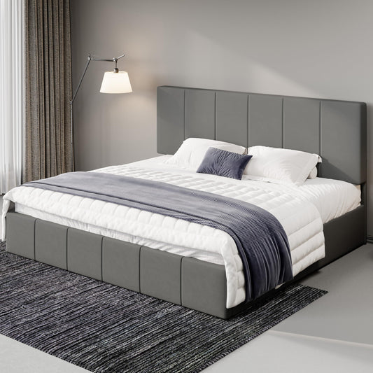 Allewie King Size Dutch Velvet Upholstered Platform Bed Frame/Vertical Channel Tufted Adjustable Headboard/Low Profile Bed Frame/No Box Spring Needed/Easy Assembly/Grey