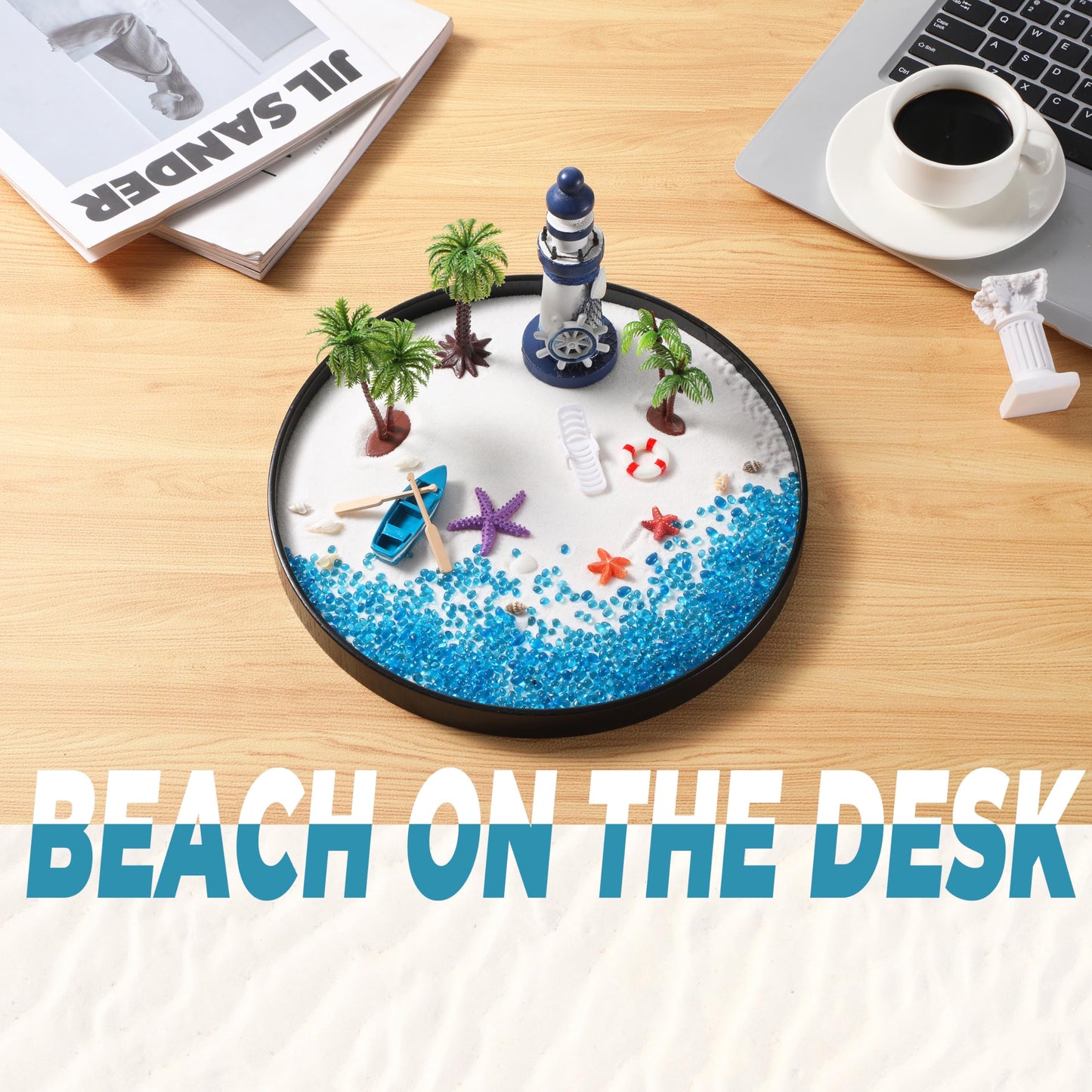 Cularve Zen Garden for Desk, Holiday Island Theme Sand Box Kit, Garden Meditation, Stress Relief Gifts, Home Office Desk Decoration.