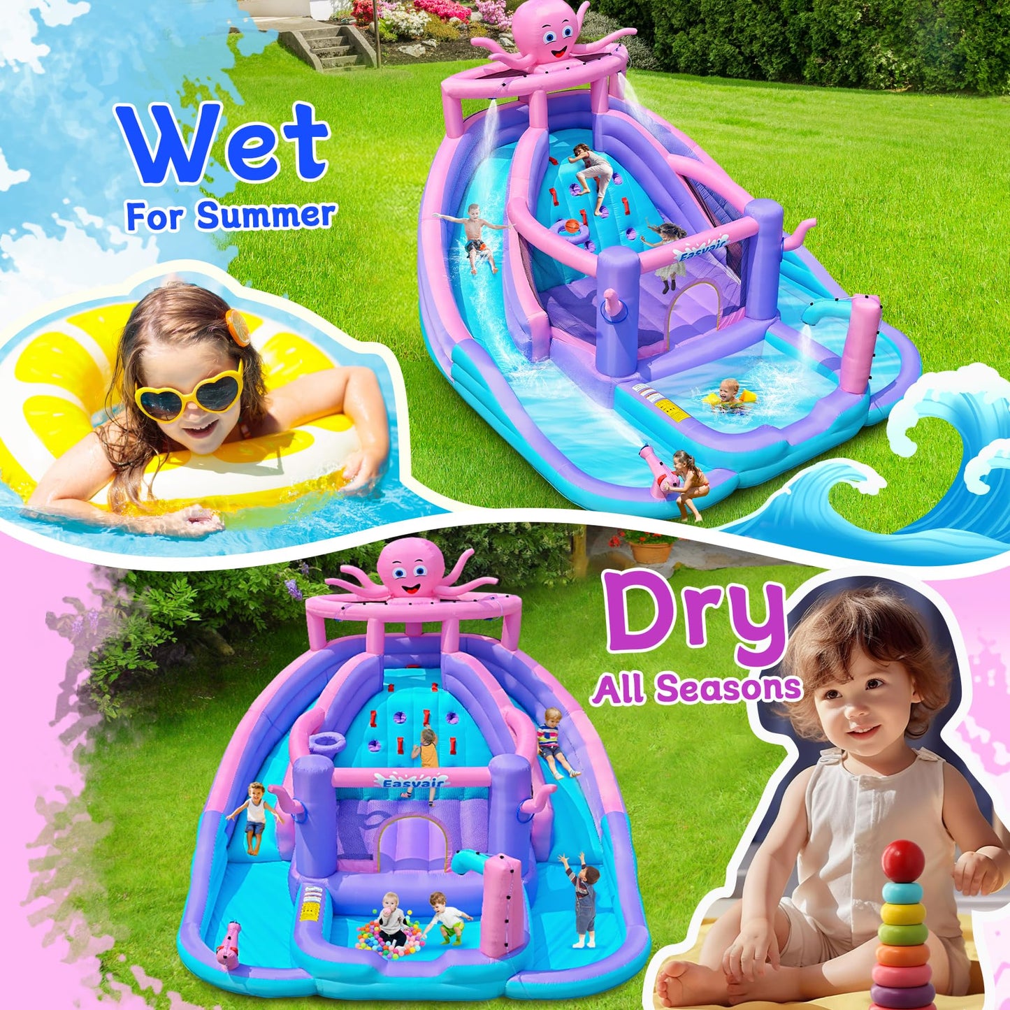 Easyair Inflatable Bounce House Water Slide Combo, Blow Up Water Slides for Backyard, Kids Jumper with Climbing Wall, Basketball Hoop, Splash Pool with Blower
