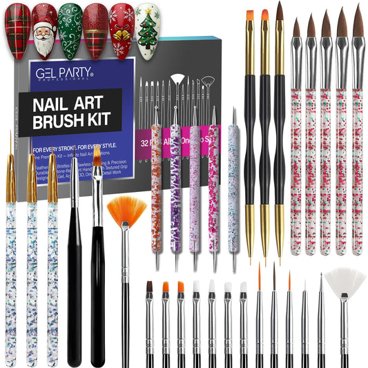 GELPARTY 32-Piece Nail Art Brush Set Professional Brushes for Acrylic, Gel, UV, Ombre, Dotting & 3D Designs | Drawing Pen For Gel Complete Kit for Salon & DIY Use