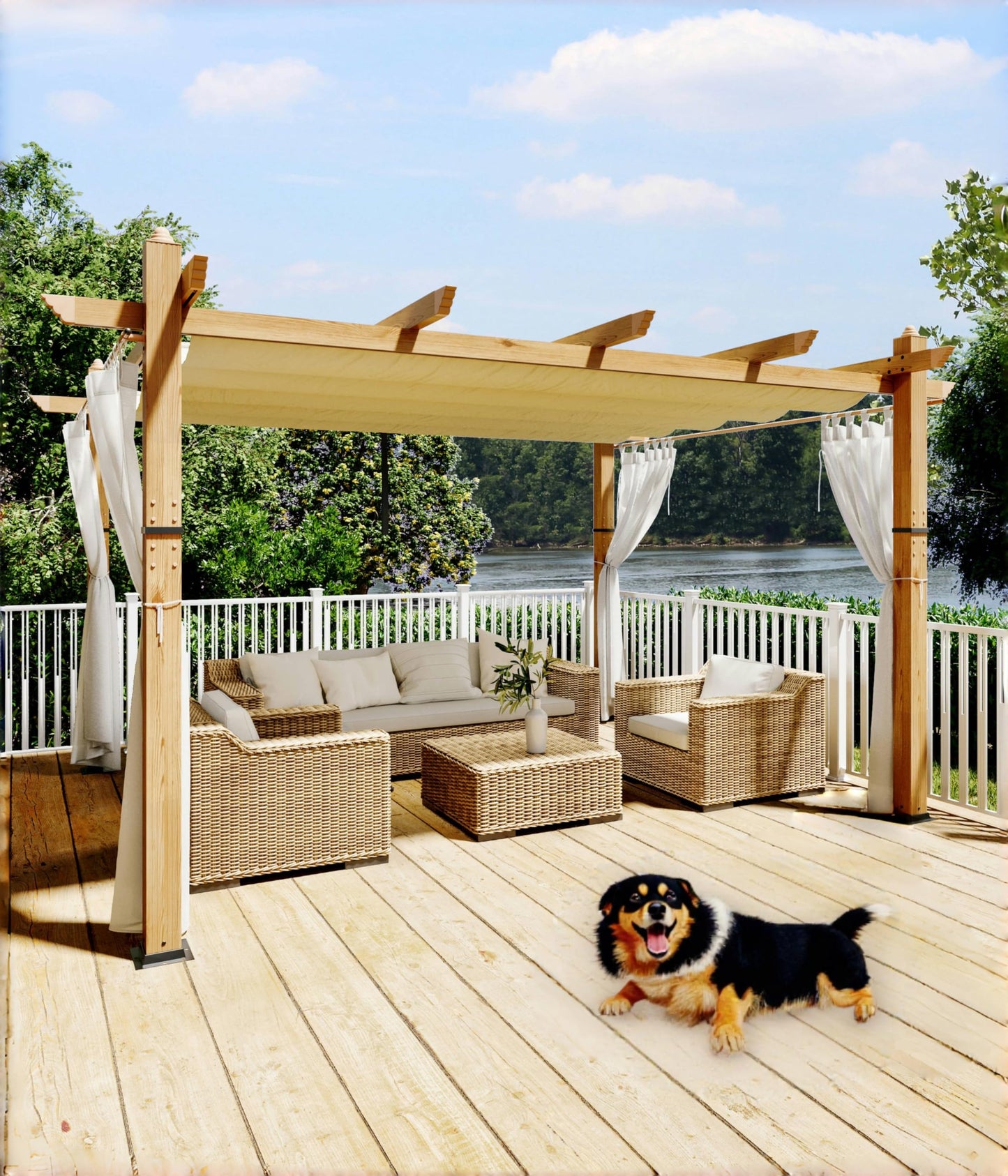 GAOMON 10x13 Ft Outdoor Aluminum Pergola, Heavy-Duty Woodgrain Patio Pergola with Retractable Canopy Sun Shade & Side Mesh Curtain, Metal Gazebo for Existing Deck Backyard Garden, Beige