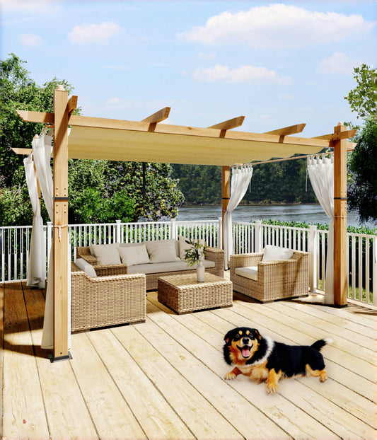 GAOMON 10x13 Ft Outdoor Aluminum Pergola, Heavy-Duty Woodgrain Patio Pergola with Retractable Canopy Sun Shade & Side Mesh Curtain, Metal Gazebo for Existing Deck Backyard Garden, Beige