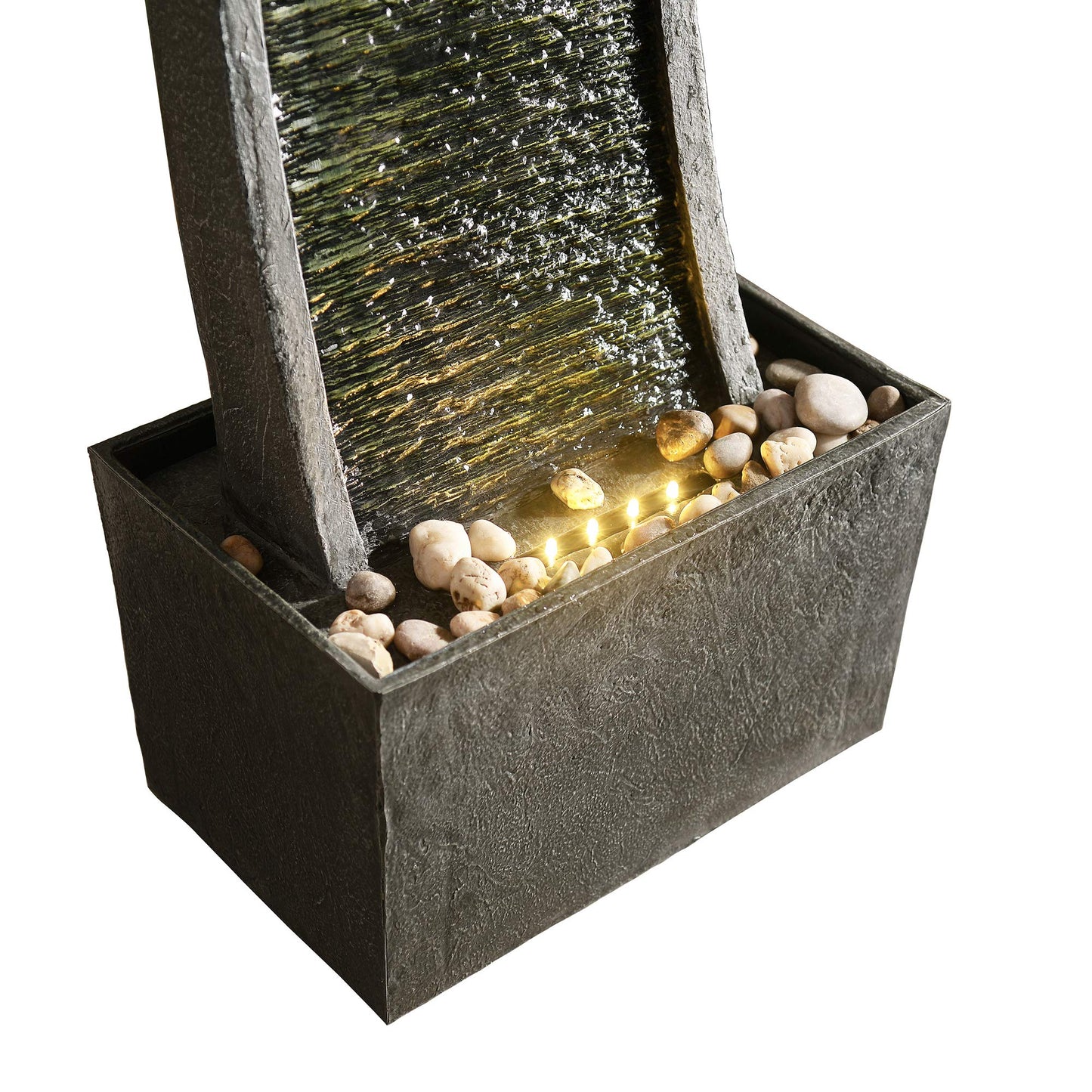 Teamson Home 38.58 in. Modern Curved Faux Slate Waterfall Fountain for Indoors or Outdoors with LED Light Accents and 1.98-Gallon Pump, Black and Stone Gray