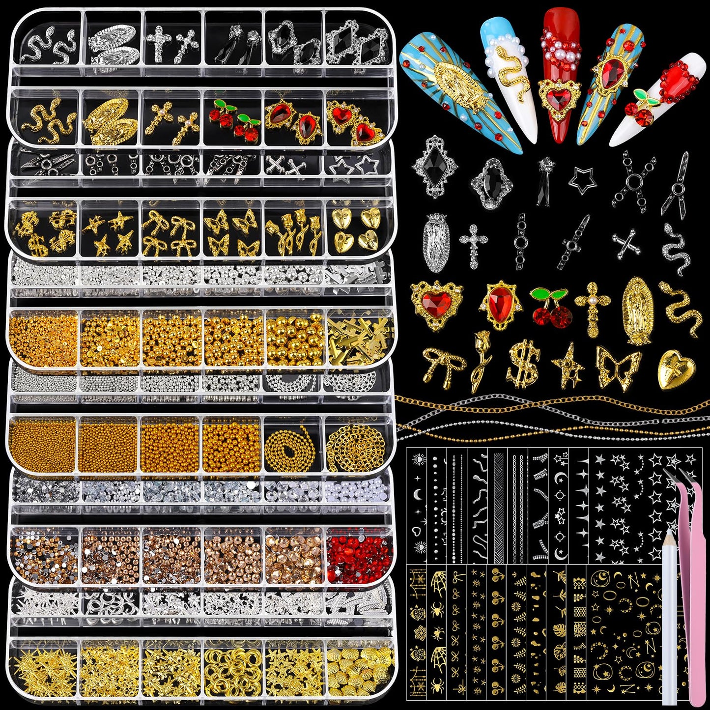 Teenitor Nail Charms and Gems with Nail Stickers, 6 Boxes Silver & Gold Nail Gems and Rhinestones Kit for Women, 3D Nail Art Rhinestones Nail Pearls, Caviar Beads for Nails,Y2K & Cross Nail Charms