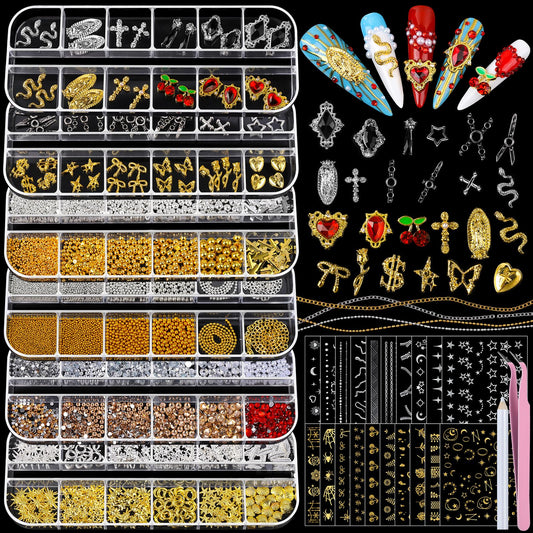 Teenitor Nail Charms and Gems with Nail Stickers, 6 Boxes Silver & Gold Nail Gems and Rhinestones Kit for Women, 3D Nail Art Rhinestones Nail Pearls, Caviar Beads for Nails,Y2K & Cross Nail Charms