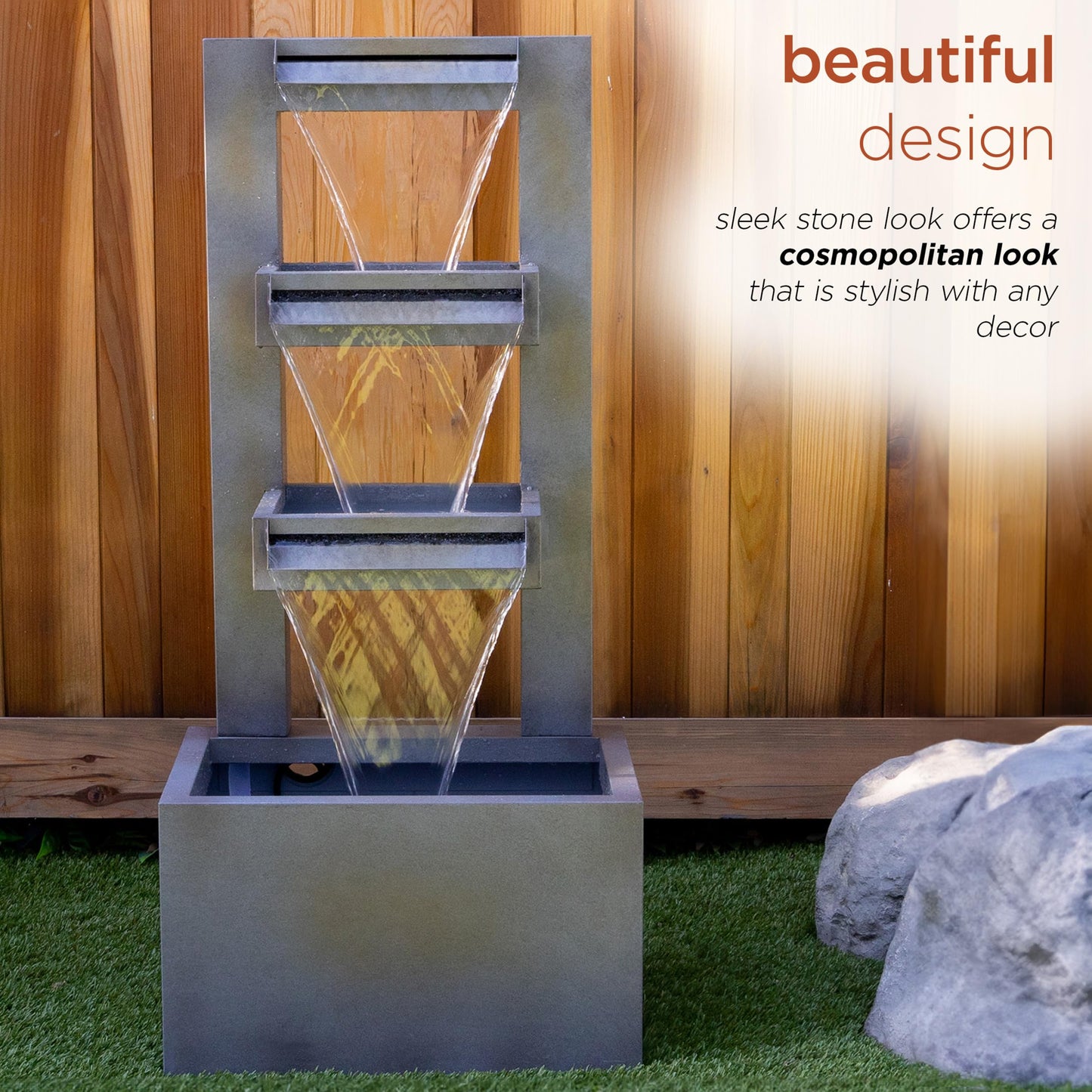 Alpine Corporation 43" Tall Multi-Tier Waterfall Fountain - Industrial Style Water Feature for Garden, Patio, Yard, Backyard, Relaxing Water Flow, and Serene Landscaping, Gray