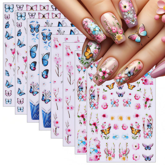 8 Sheets Spring Butterfly Nail Stickers Peach Blossom Nail Art Stickers 3D Self-Adhesive Nail Decals Colorful French Butterfly Petals Leaves Nail Design for Women Girls Spring Summer Nail Decoration