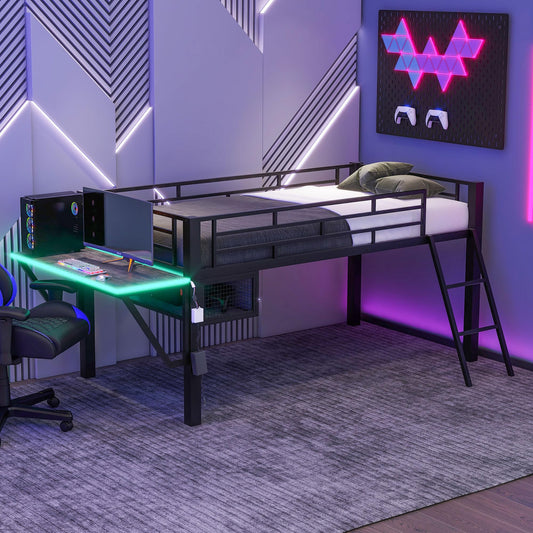 Merax Mid Loft Bed Twin Size with Desk, Metal Gaming Loft Bed with LED Light, for Teens & Adults, Black