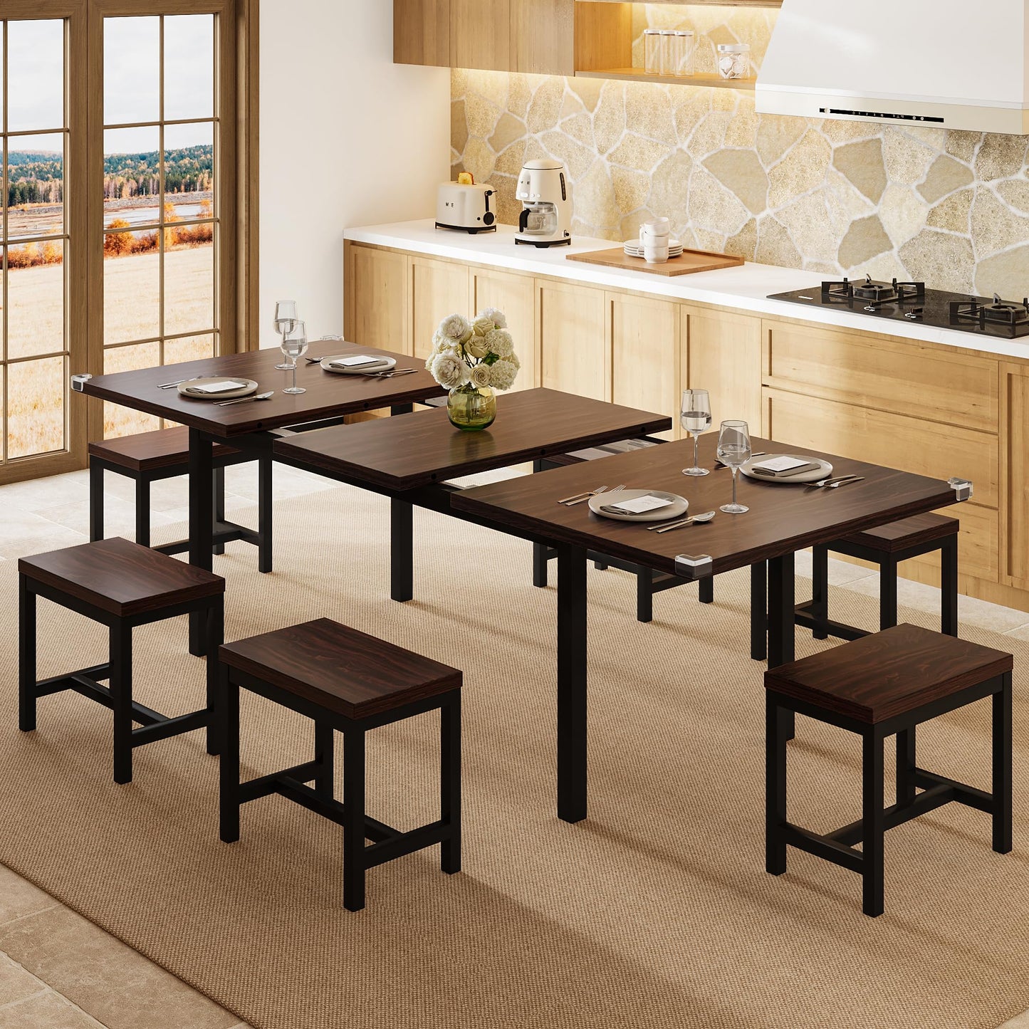 Einhomn 7-Piece Dining Table Set, 63" Extendable Kitchen Room Table with 6 Stools, Mid Century Modern Dinner Table with Metal Frame & MDF Board, Space-Saving, Easy Assembly, Espresso