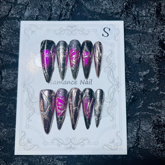 Press on Nails Handmade Nails 10Pcs Gothic Style Manual Nail Art Dark Purple Fake Nails for Women Party Holiday Photo 3.0CM Size S